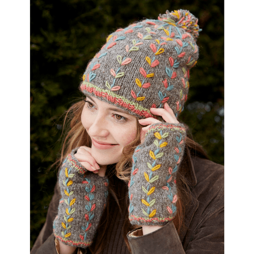 Knitted 100% Wool Bobble Hat and Handwarmers - Kylemore Grey