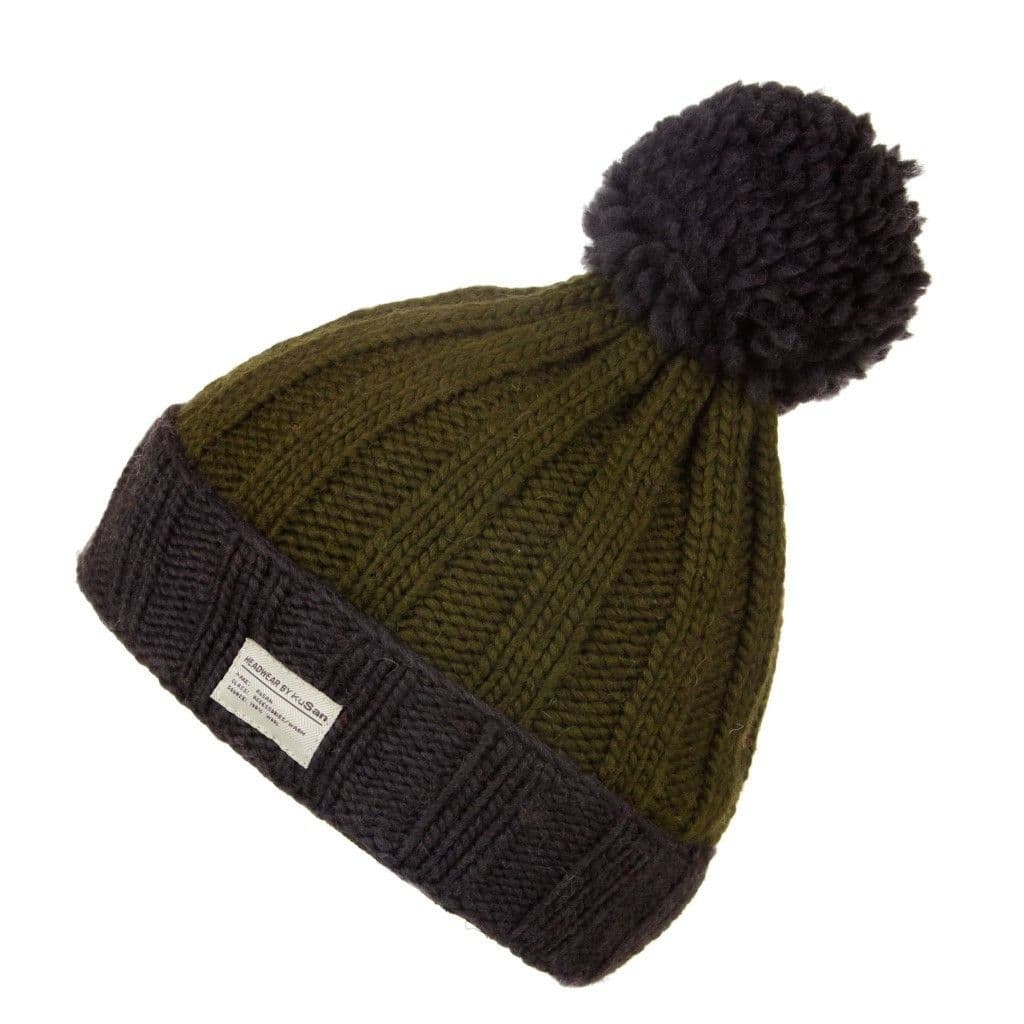 Moss Yarn Ribbed Bobble Hat with Turn Up Kusan Green/Grey