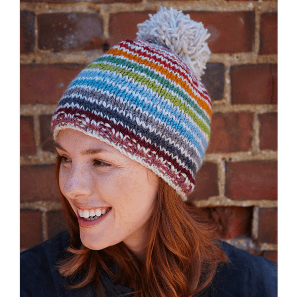 Multi Stripe Wool Bobble Beanie - Hoxton