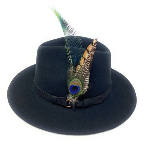 Navy Blue Fedora Hat, Showerproof, Wool with Peacock Feather Brooch - Sherborne