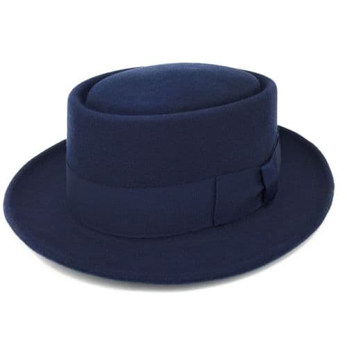 Navy Blue Lined Pork Pie Hat - Premium Wool