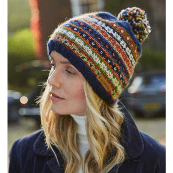 Navy Blue Multi Stripe Wool Bobble Beanie Hat - Colorado