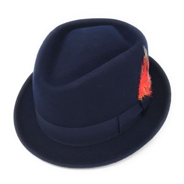 Navy Blue Pork Pie/Trilby Hat - Diamond Crown. Lined. Premium Wool