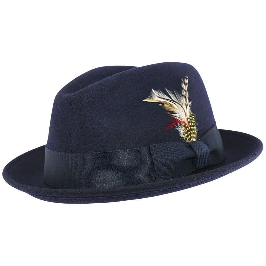 Navy Blue Trilby Hat CCrown Wool Felt