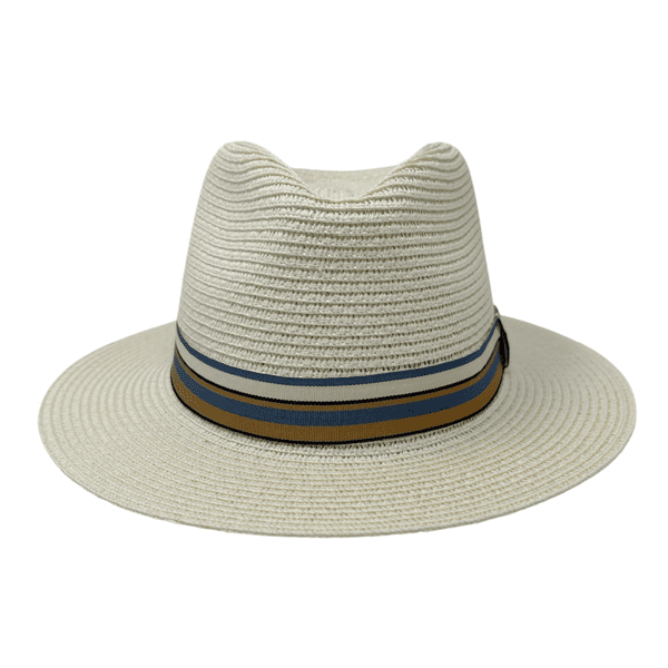 Packable Straw Fedora Summer Hat - Cream with Light Blue Stripe Band