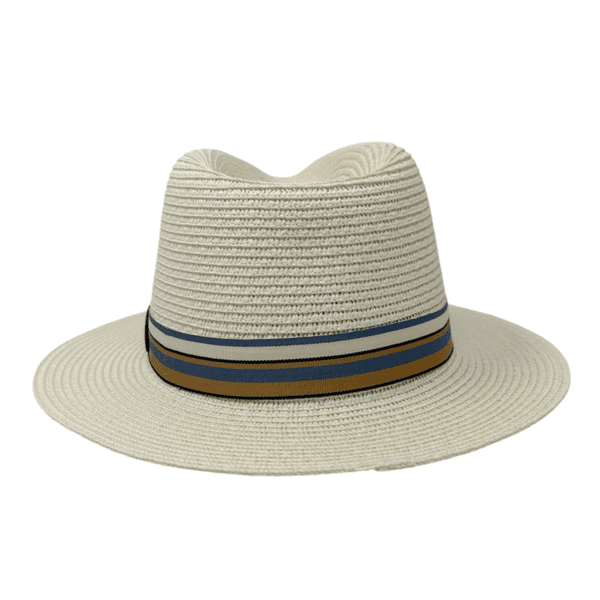 Packable Straw Fedora Summer Hat - Cream with Light Blue Stripe Band