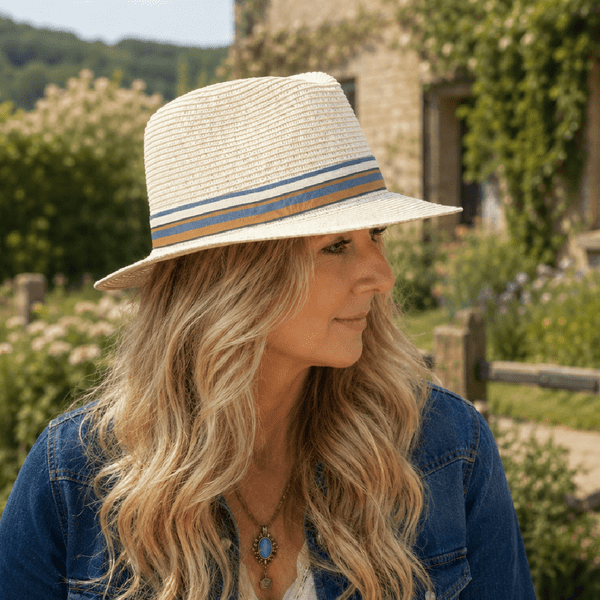 Packable Straw Fedora Summer Hat - Cream with Light Blue Stripe Band
