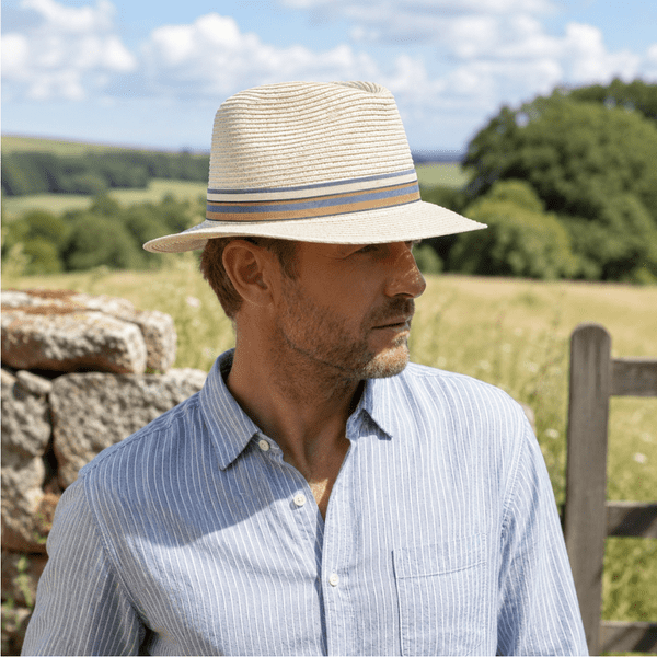 Packable Straw Fedora Summer Hat - Cream with Light Blue Stripe Band