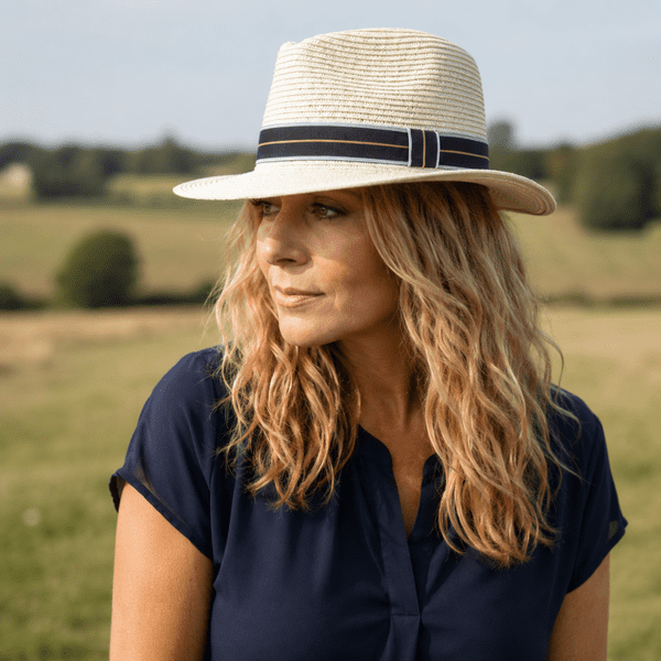 Packable Straw Fedora Summer Hat - Cream with Navy Stripe Band