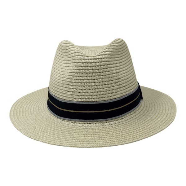 Packable Straw Fedora Summer Hat - Cream with Navy Stripe Band
