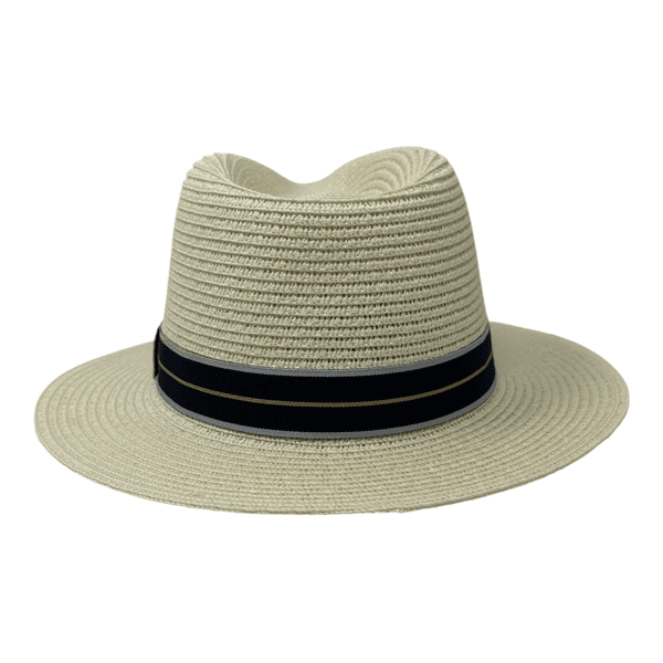 Packable Straw Fedora Summer Hat - Cream with Navy Stripe Band