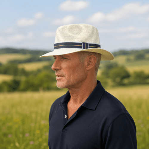 Packable Straw Fedora Summer Hat - Cream with Navy Stripe Band