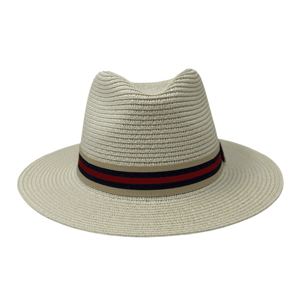 Packable Straw Fedora Summer Hat - Cream with Red Stripe Band