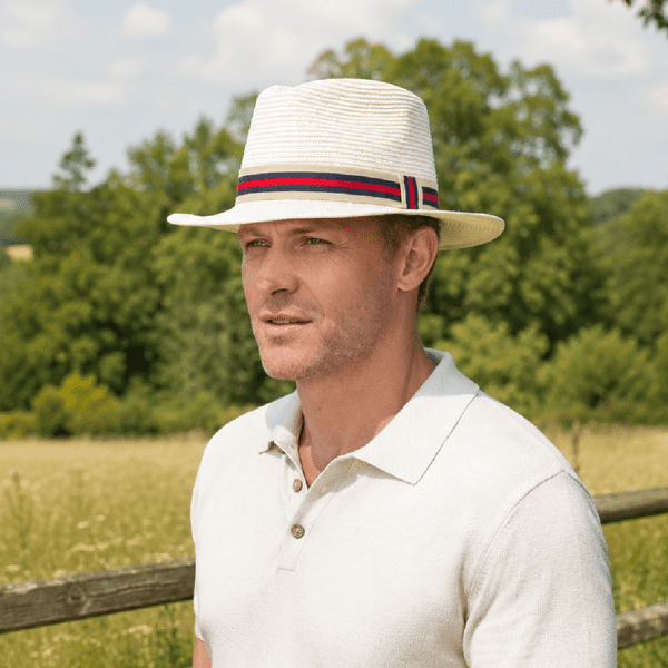Packable Straw Fedora Summer Hat - Cream with Red Stripe Band