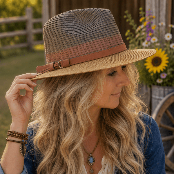 Packable Straw Fedora Summer Hat - Three-Tone Brown