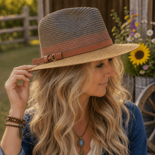 Packable Straw Fedora Summer Hat - Three-Tone Brown
