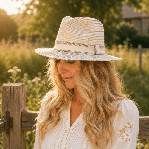 Packable Straw Fedora Summer Hat - Two-Tone Cream/Brown