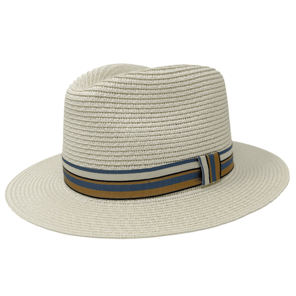 Packable Straw Summer Fedora Hat - Cream with Light Blue Stripe Band