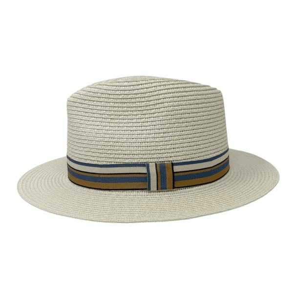 Packable Straw Summer Fedora Hat - Cream with Light Blue Stripe Band