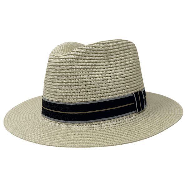 Packable Straw Summer Fedora Hat - Cream with Navy Stripe Band