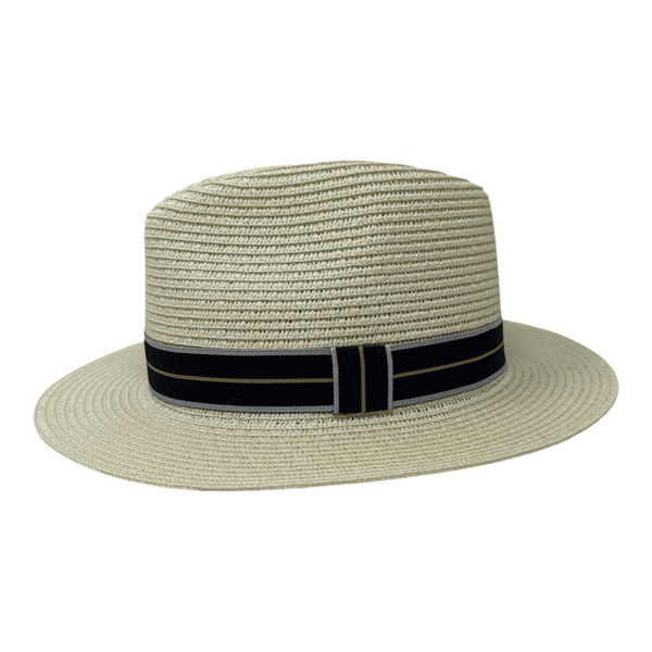 Packable Straw Summer Fedora Hat - Cream with Navy Stripe Band