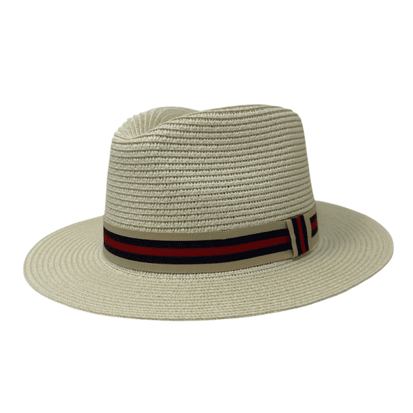 Packable Straw Summer Fedora Hat - Cream with Red Stripe Band