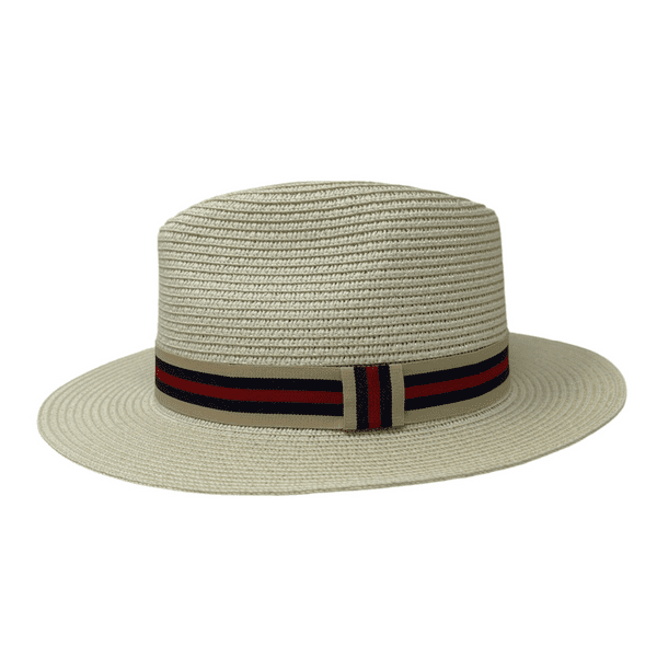 Packable Straw Summer Fedora Hat - Cream with Red Stripe Band