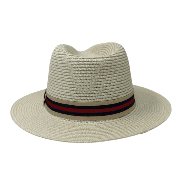 Packable Straw Summer Fedora Hat - Cream with Red Stripe Band