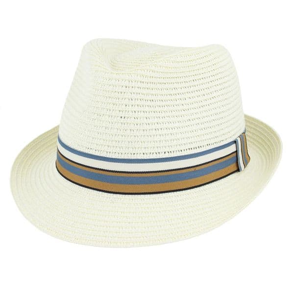 Packable Summer Straw Trilby Hat - Cream with Blue/Yellow Stripe Band