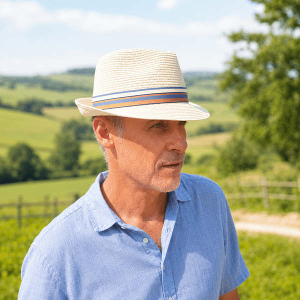 Packable Summer Straw Trilby Hat - Cream with Blue/Yellow Stripe Band