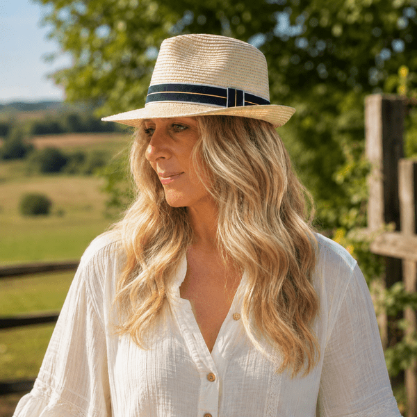 Packable Summer Straw Trilby Hat - Cream with Navy Stripe Band