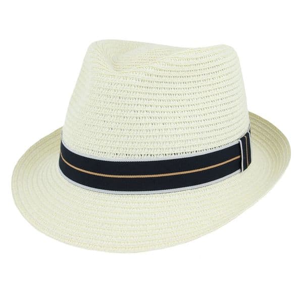 Packable Summer Straw Trilby Hat - Cream with Navy Stripe Band