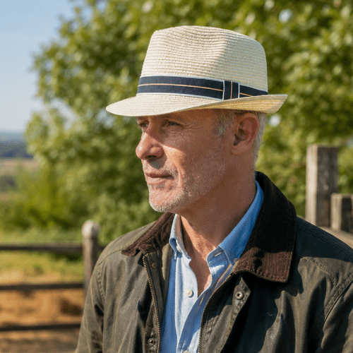 Packable Summer Straw Trilby Hat - Cream with Navy Stripe Band