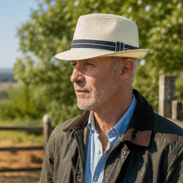 Packable Summer Straw Trilby Hat - Cream with Navy Stripe Band