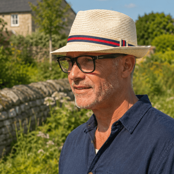 Packable Summer Straw Trilby Hat - Cream with Red & Navy Stripe Band