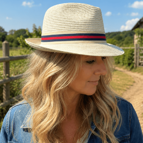 Packable Summer Straw Trilby Hat - Cream with Red & Navy Stripe Band