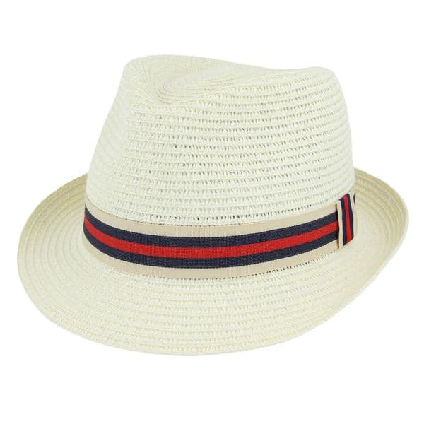 Packable Summer Straw Trilby Hat - Cream with Red Stripe Band