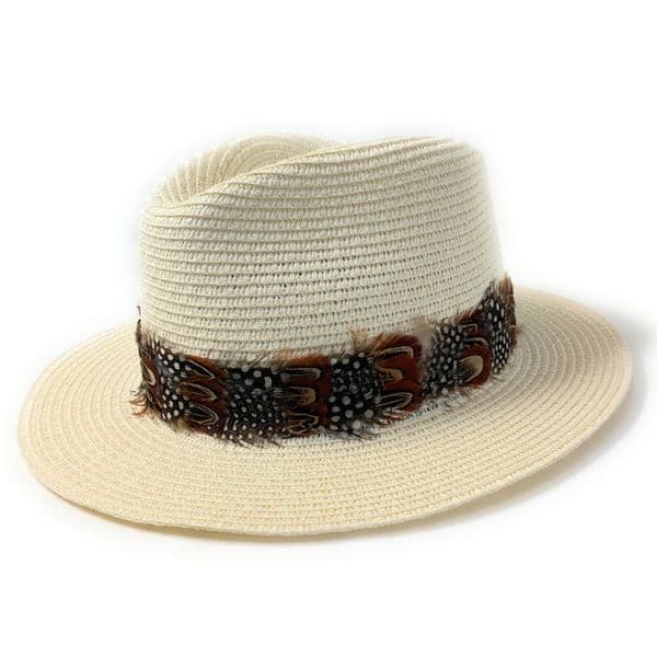 Panama Style Summer Fedora Hat with Country Feather Wrap - Cream - Shurdington