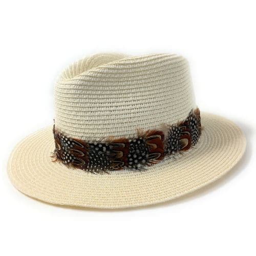 Panama Style Summer Fedora Hat with Country Feather Wrap - Cream - Shurdington
