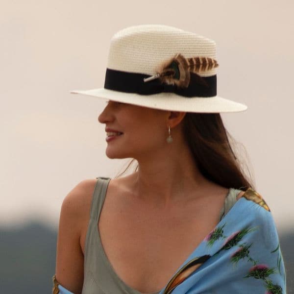 Panama Style Summer Fedora Hat with Removable Feather Brooch - Cream - Dovecote