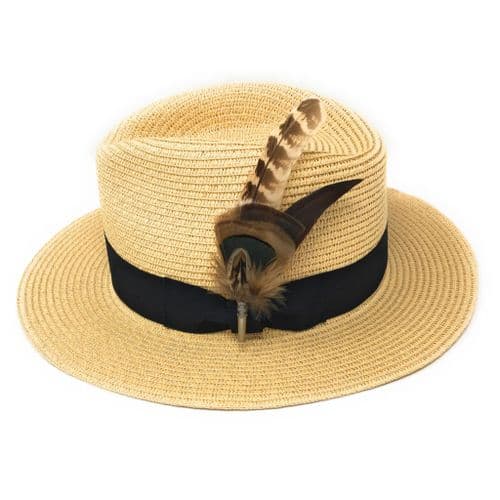 Panama Style Summer Fedora Hat with Removable Feather Brooch - Natural - Dovecote