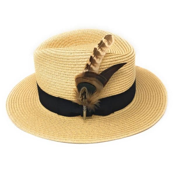 Panama Style Summer Fedora Hat with Removable Feather Brooch - Natural - Dovecote
