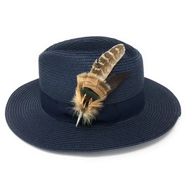 Panama Style Summer Fedora Hat with Removable Feather Brooch - Navy Blue - Dovecote
