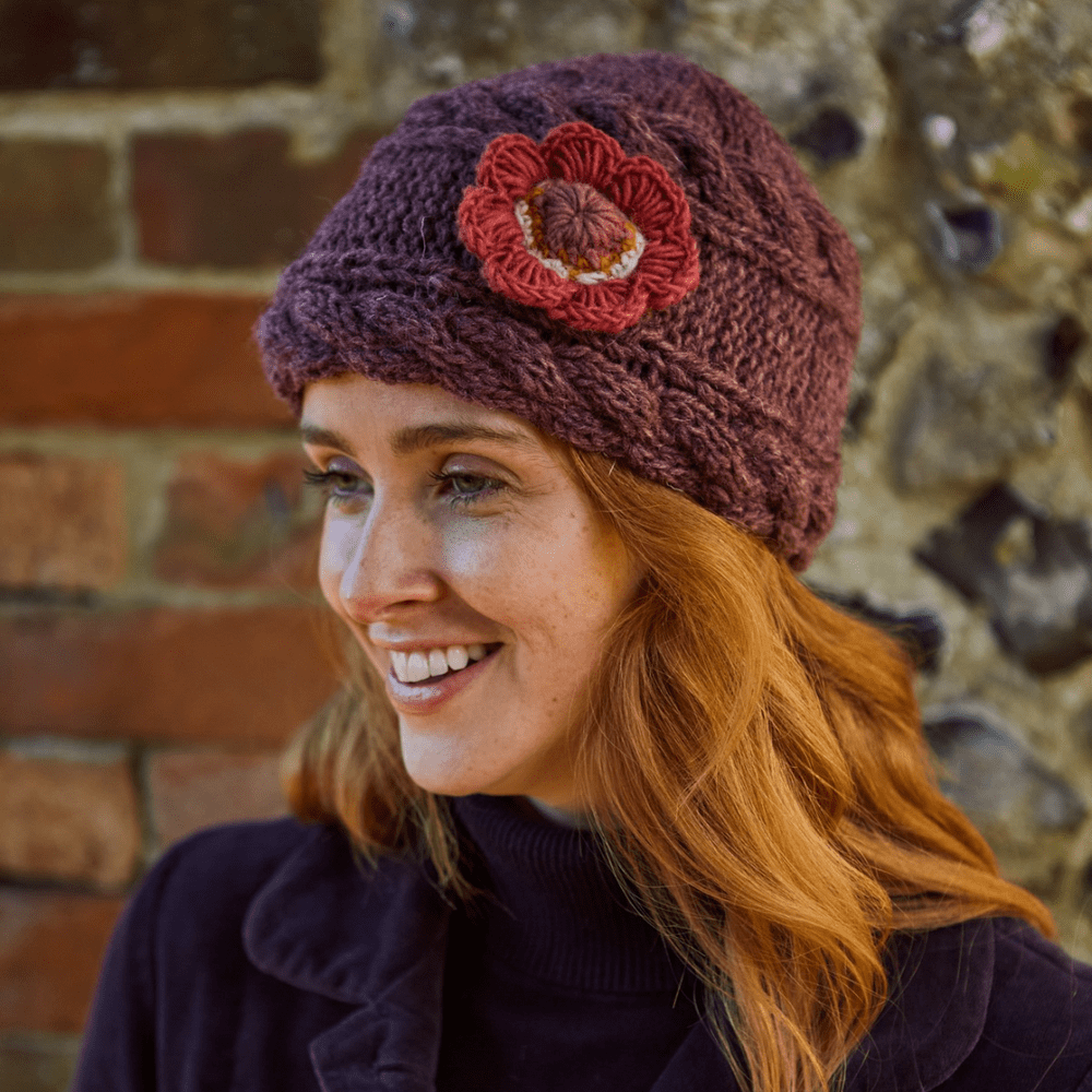 Women's Purple Wool Beanie With Faux Rabbit Fur Flower – Winter Ski Hat, One Size
