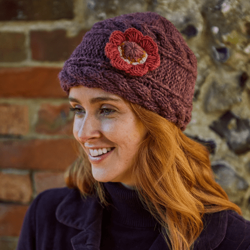 Plum Purple Wool Beanie Hat with Crochet Flower - Sorrento
