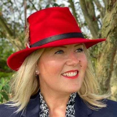 Red Fedora Hat with Pheasant Feather Brooch - Taynton