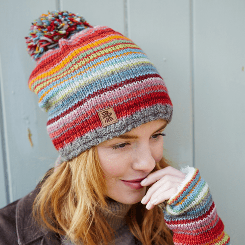 Seville Bobble Beanie Hat - Red/Multi-coloured, 100% Wool, Fully Fleece Lined