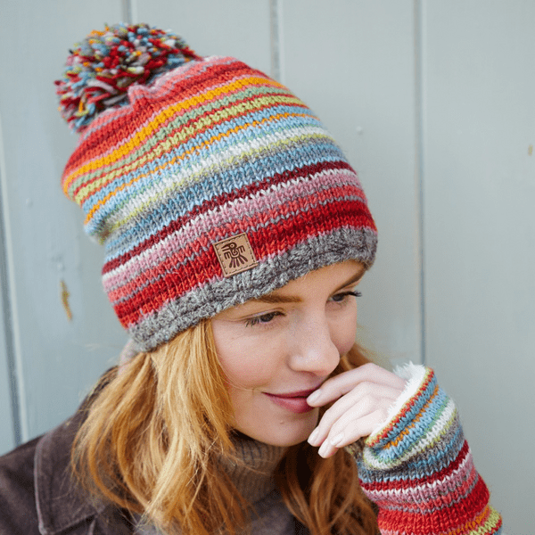 Seville Bobble Beanie Hat - Red/Multi-coloured, 100% Wool, Fully Fleece Lined