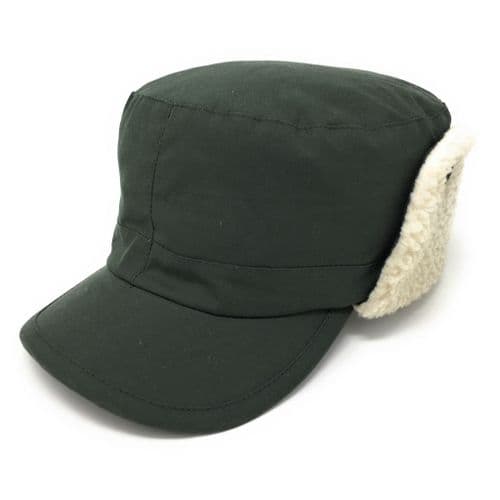 Showerproof Wax Cotton Trapper Hat with Ear Flap and Fleece Lining - Green