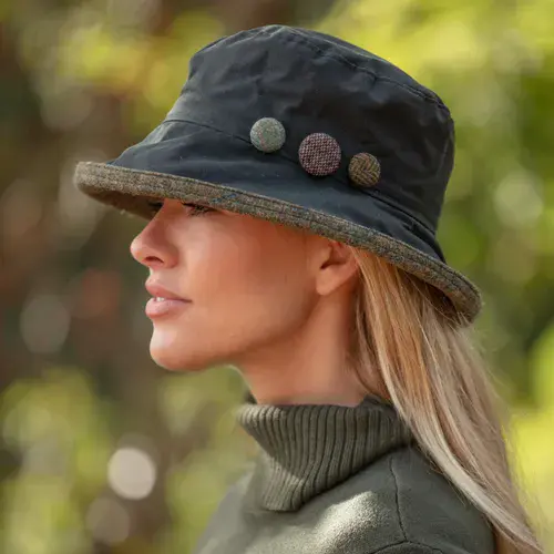 Showerproof Waxed Cotton Bucket Hat - Green - Milly